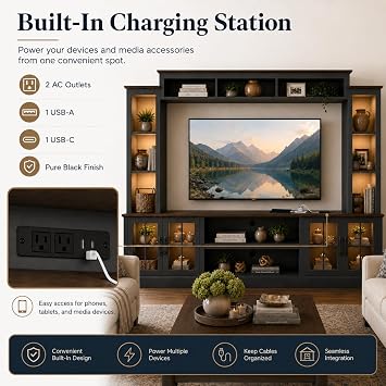 Black Farmhouse TV Stand, Entertainment Center, 98 Wall Unit Media Console with Bookshelf, Cabinet & Power Outlets & Barn Doors, Fits TVs Up to 75 for Living Room