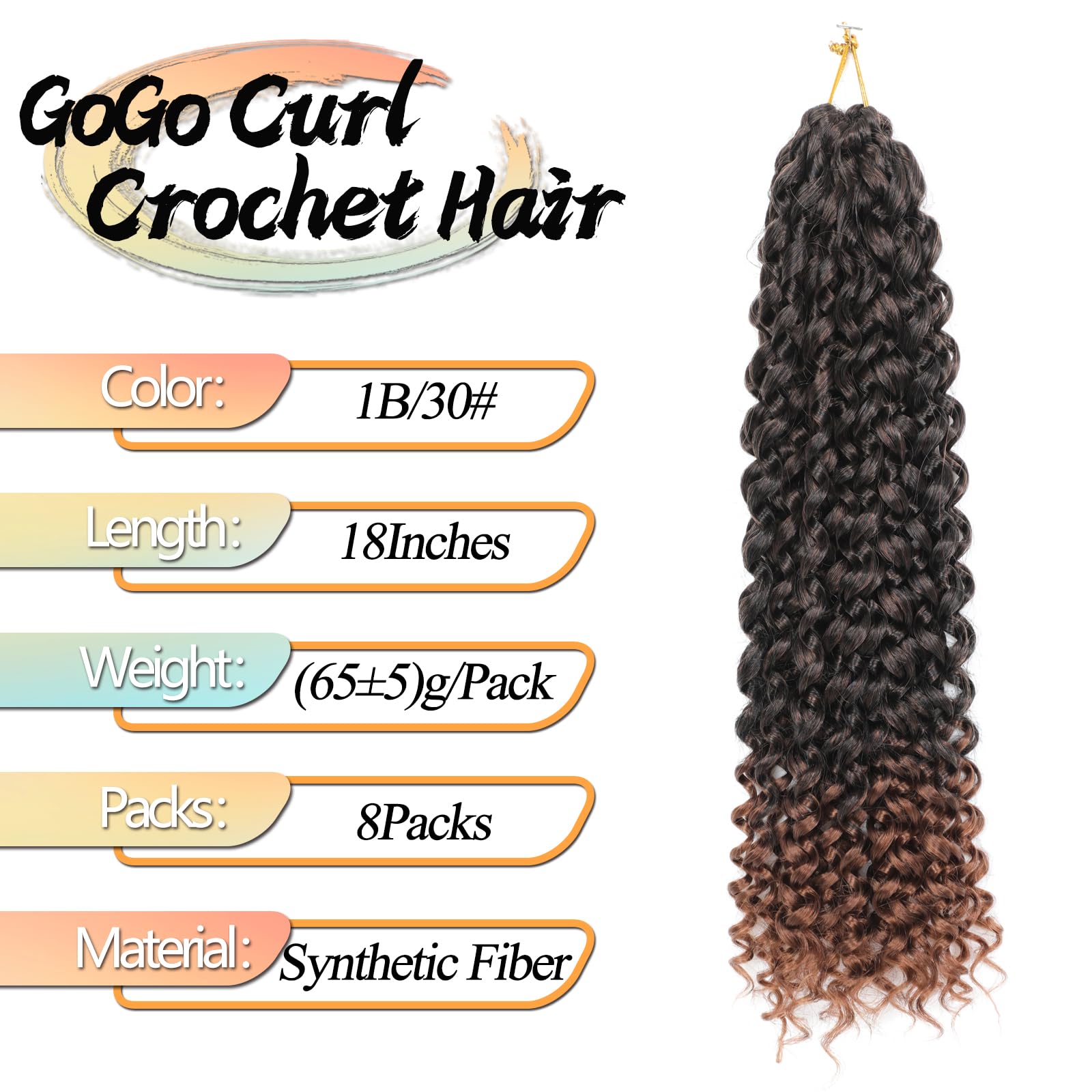 8 Packs GoGo Curl Crochet Hair 18 Inch Long Curly Crochet Hair for Women Beach Curl Water Wave Deep Twist Crochet Braids Synthetic Braiding Hair Extensions (T1B/30# - Image 2