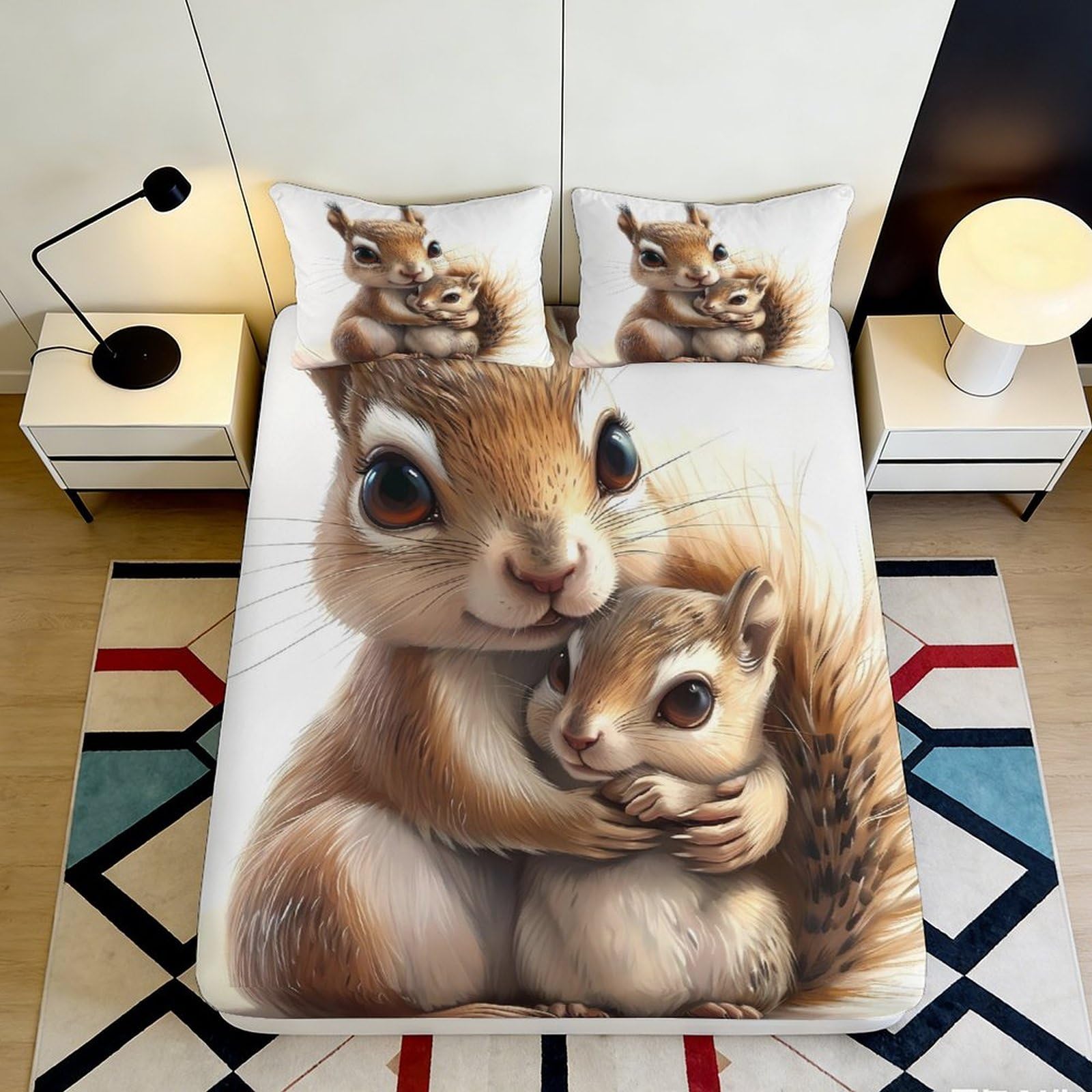3D Printed Cute Squirrel Fitted Sheet Microfiber Soft Breathable Animal Pattern Bed Cover for Bedroom Dormitory Guest Room Mattress Protection Decor 160x200x25cm