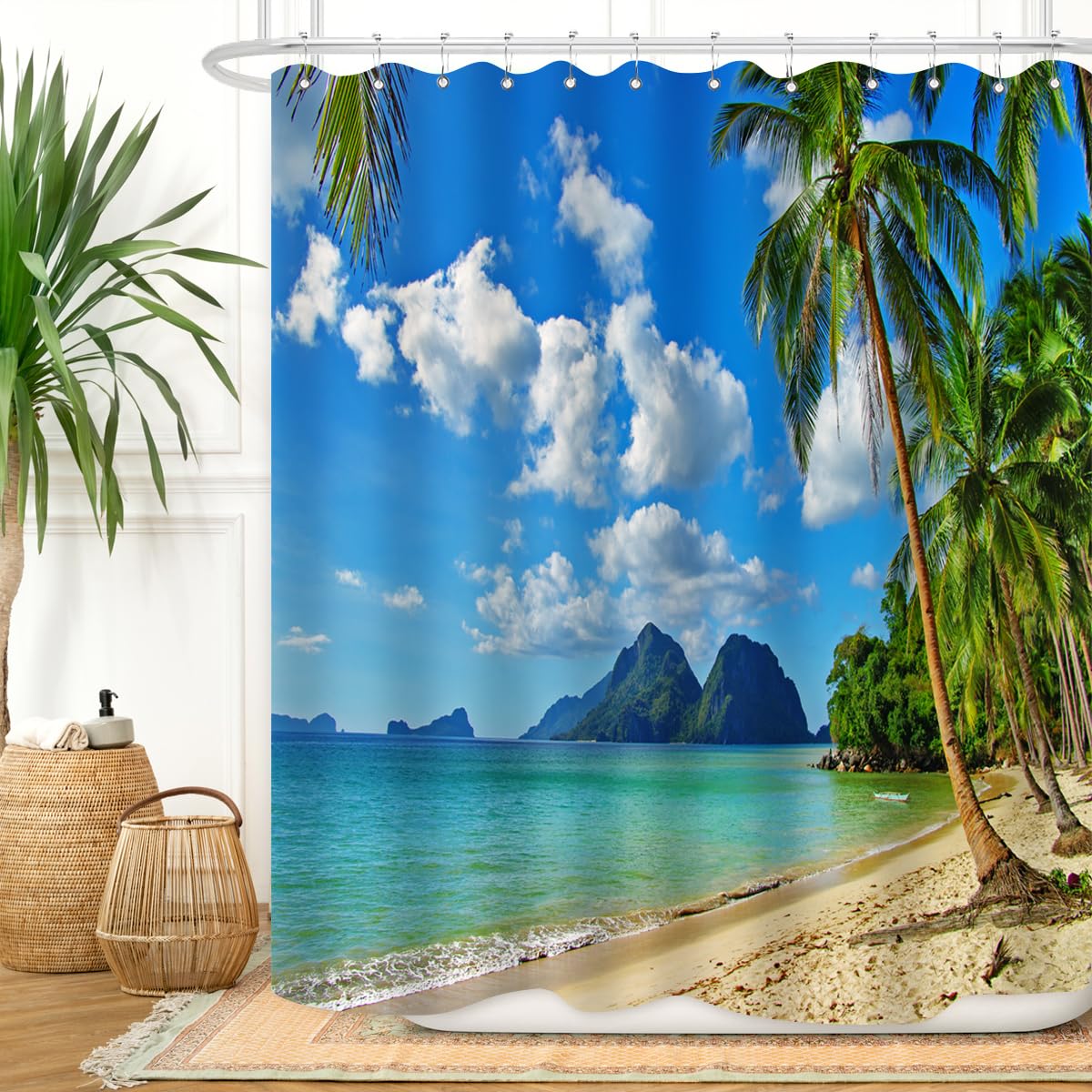 ZXMBF Tropical Beach Shower Curtain Ocean Palm Trees Summer Seaside Island Blue Sky White Cloud Hawaii Landscape Waterproof Polyester Fabric Home