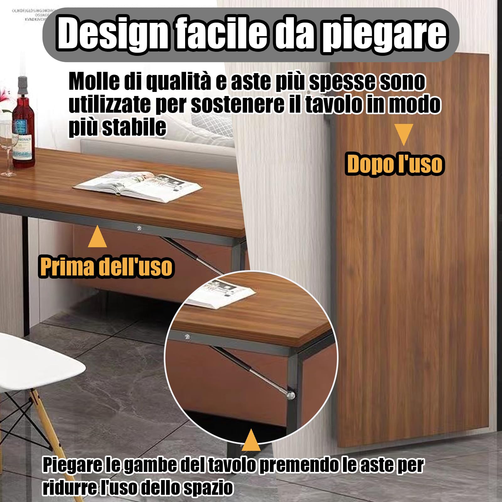Tavolo Pieghevole Salvaspazio a Parete - Scrivania Richiudibile in Legno Massiccio con Telaio Acciaio Salvaspazio, alla moda e bello, adatto per il soggiorno, la sala da pranzo, la roulotte