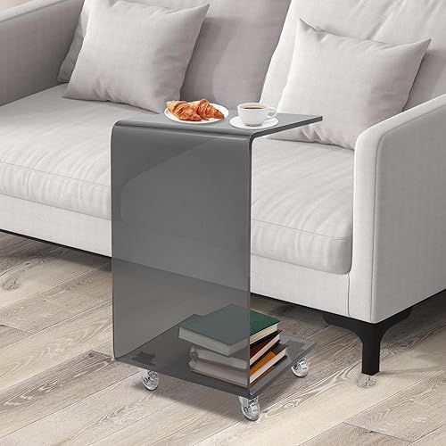 Miniatura 8 de Acrylic Side Table with Wheels,Movable C Shaped Sofa Table Nightstand,Rolling Nightstand,Modern Acrylic Side Table Narrow for Living Room, Bedroom,