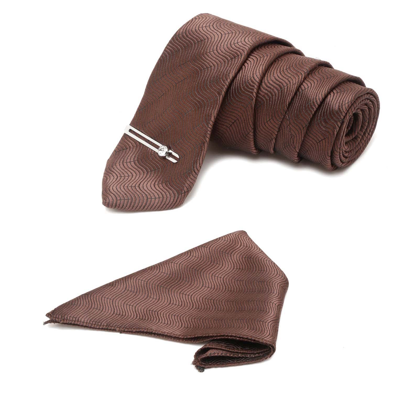 louis stitch Mens Van Dyke Brown Italian Silk Necktie Set Incl Pocket Square Chrome Tiepin American Style Formal Tie Gift Set for Men (TECPBR08)-picture-36