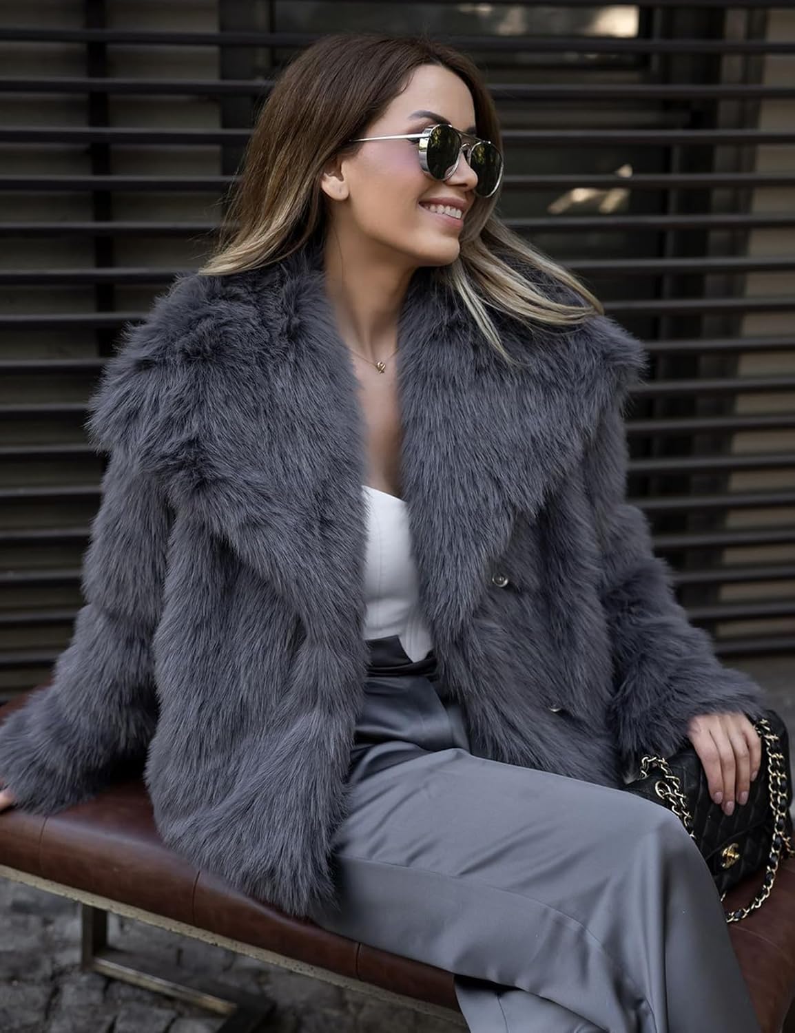 COZYPOIN Womens Faux Fur Jacket Fluffy Fur Coat Cropped Long Sleeve Lapel Button Down Fuzzy Winter Outerwear - Image 2