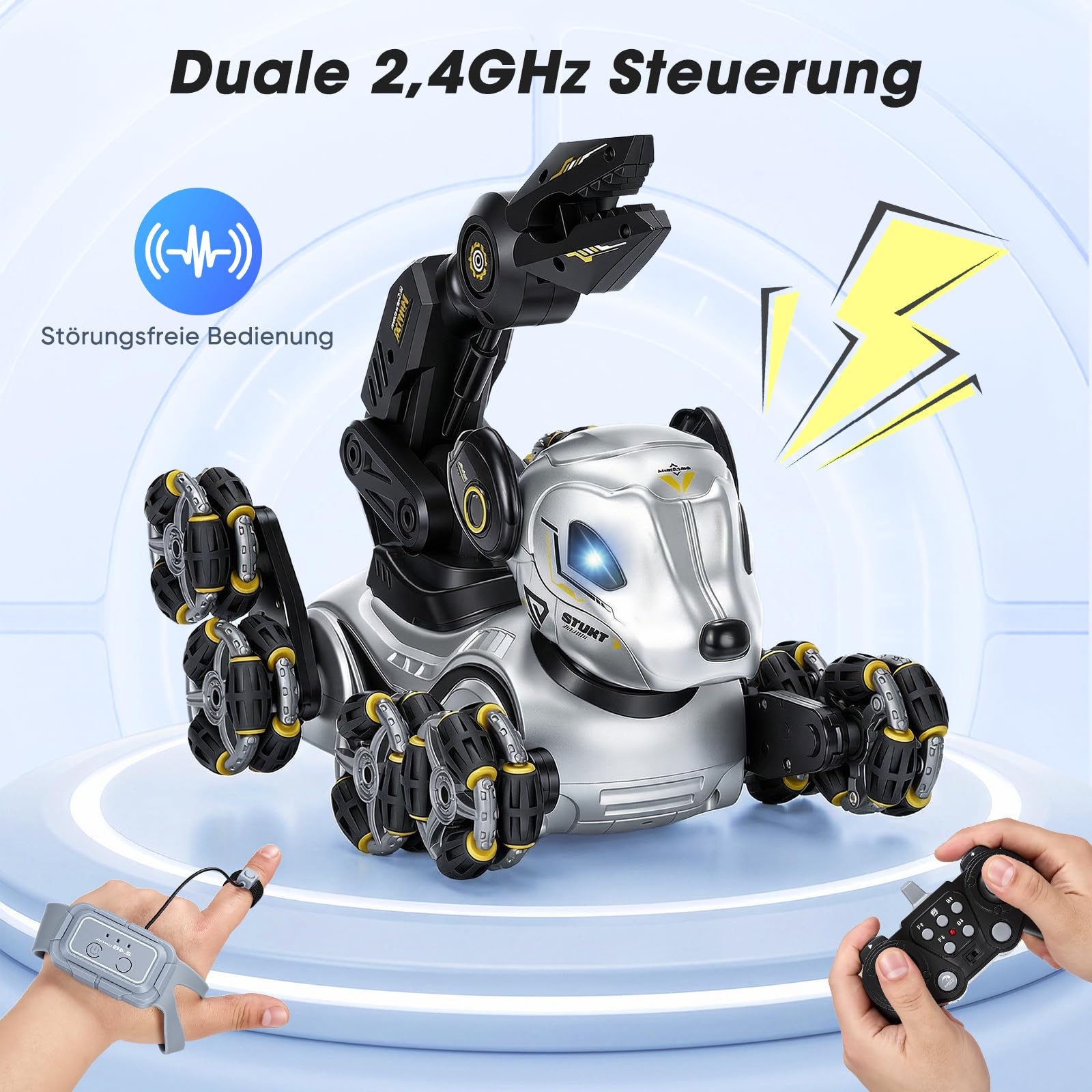 Roboter Hund Kinder – Interaktiver RC Roboterhund mit Gestensteuerung Uhr, Greifarm, 8-Rad Stunts, Licht & Musik, Programmierung, Doppelakku - Robot Dog für Mädchen Jungen 3-12 Jahre