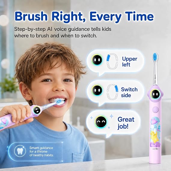 usmile Q30 Kids Smart Toothbrush, Voice-Guided Coaching, Ages 3-8 (Purple)