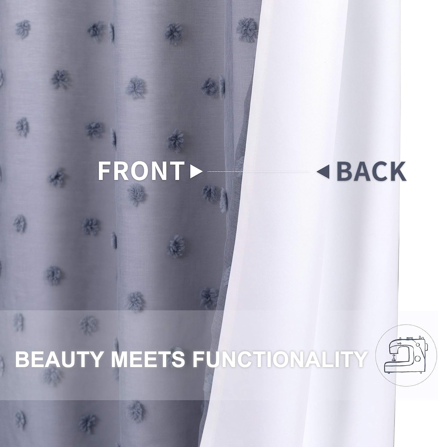 jinchan Curtains Embroidered with Pom Pom 2 Panels Double Layers Grommet Drapes for Living Room 63 Inches Blue