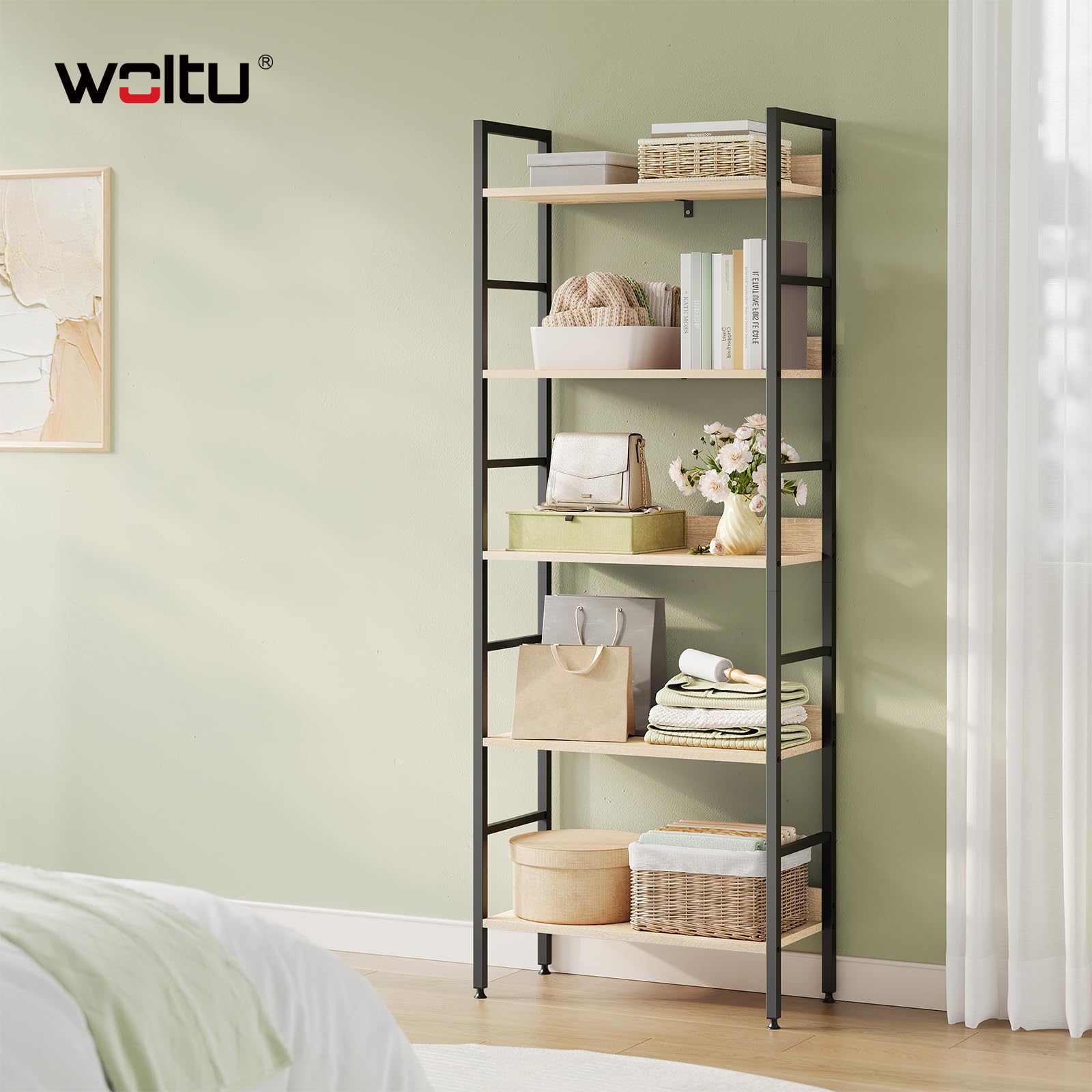 WOLTU Estantería de Pie, Librería 5 Estantes, Estanteria Almacenaje para Salon/Dormitorio/Cocina, 60x27,5x160 cm, Marco Metalico,Negro + Roble Claro