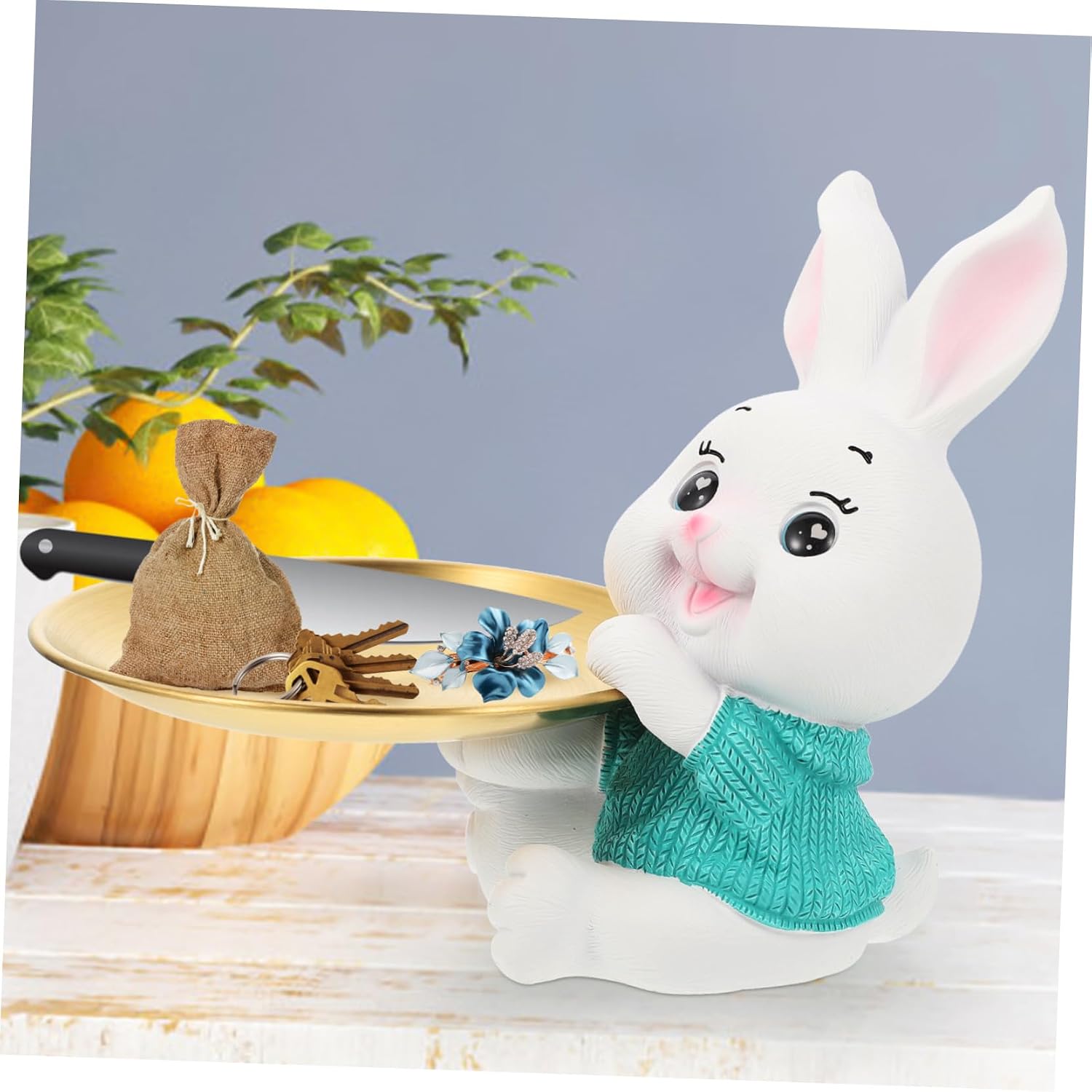 Decorative Bunny Tray Jewelry Holder Key Dish Snack Storage Stand for Entryway Table Home Decor Lightweight Odorless Rabbit Statue for Living Dining Study Organization image 4