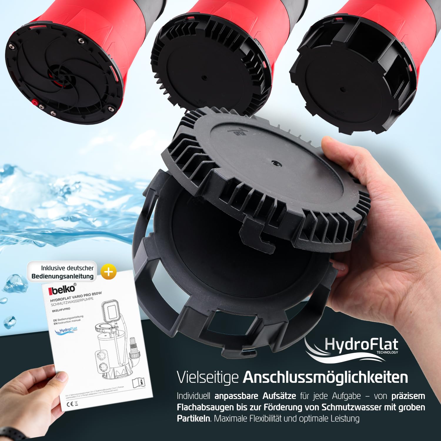 Belko® HydroFlat Vario Eco 400W Schmutzwasserpumpe – Flachsaugend bis 1 mm, 8.000 l/h Förderleistung, Integrierter Schwimmerschalter, Flexibler Kombinippel-Anschluss für Haus & Garten