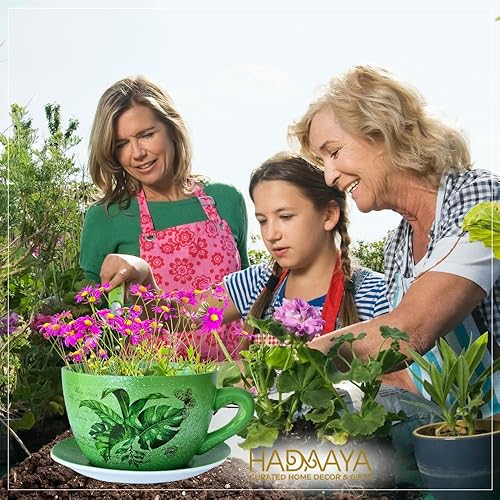 Miniatura 8 de hadaaya Macetero de cerámica con hojas de palma verde de 9 pulgadas con orificio de drenaje y platillo para suculentas orquídeas, hierbas, cactus,