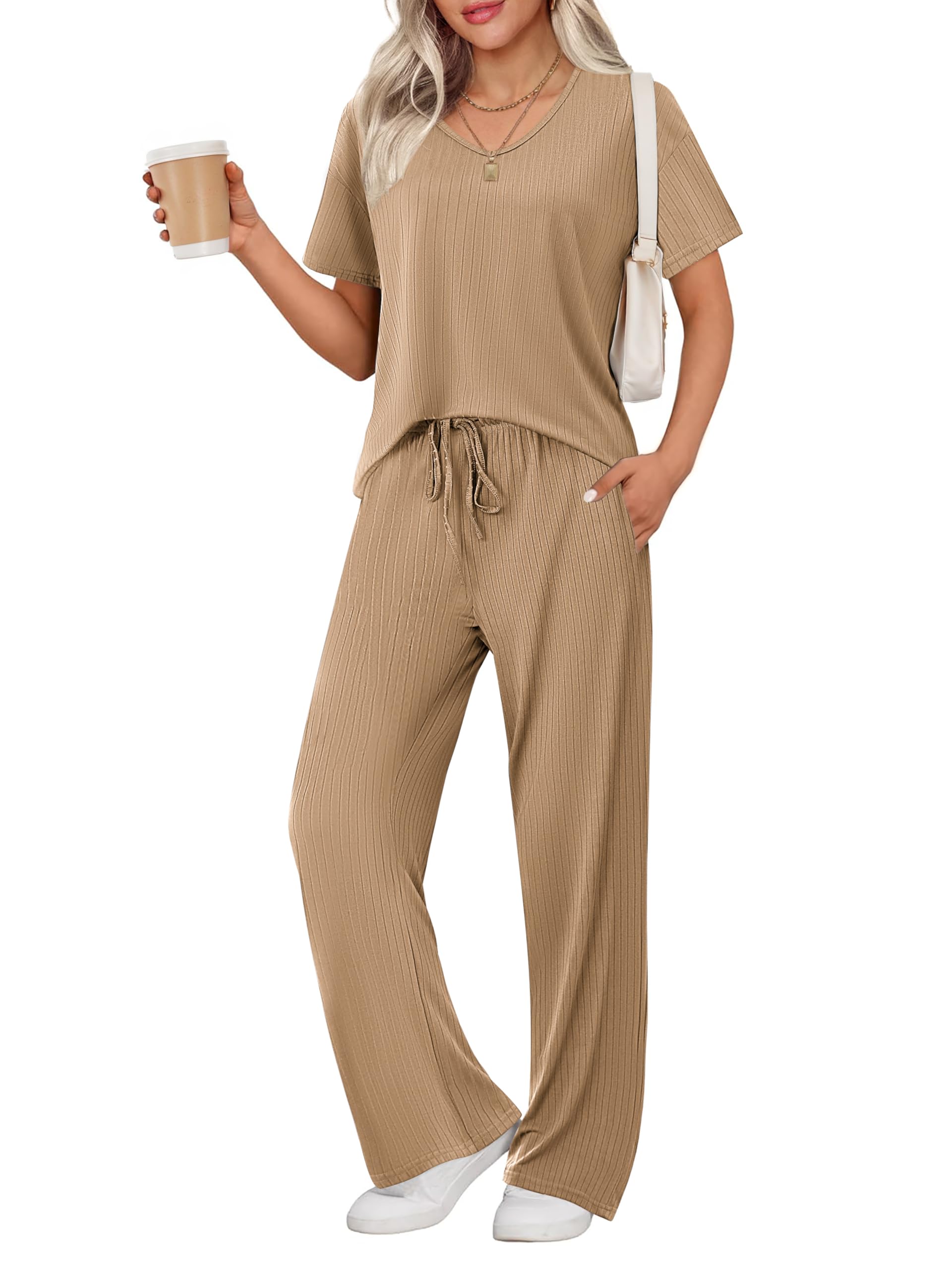 Ekouaer Womens Ribbed Knit Lounge Set Short Sleeve Top and Long Pants Sleepwear Pajama Set Two Piece Matching Outfits Set