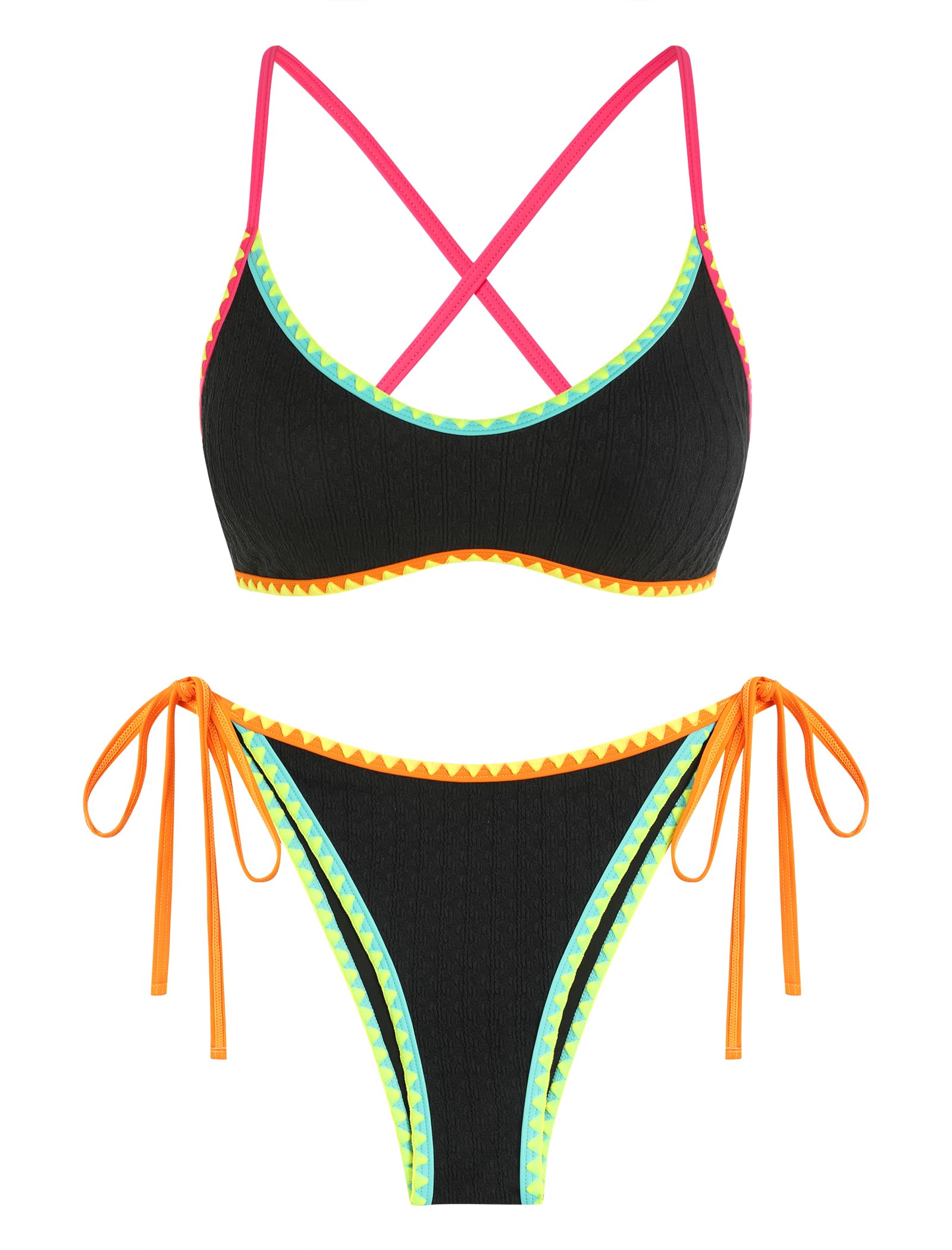 ZAFUL Women's Tie Back Padded High Cut Bralette Bikini Set 2 Piece Swimsuit