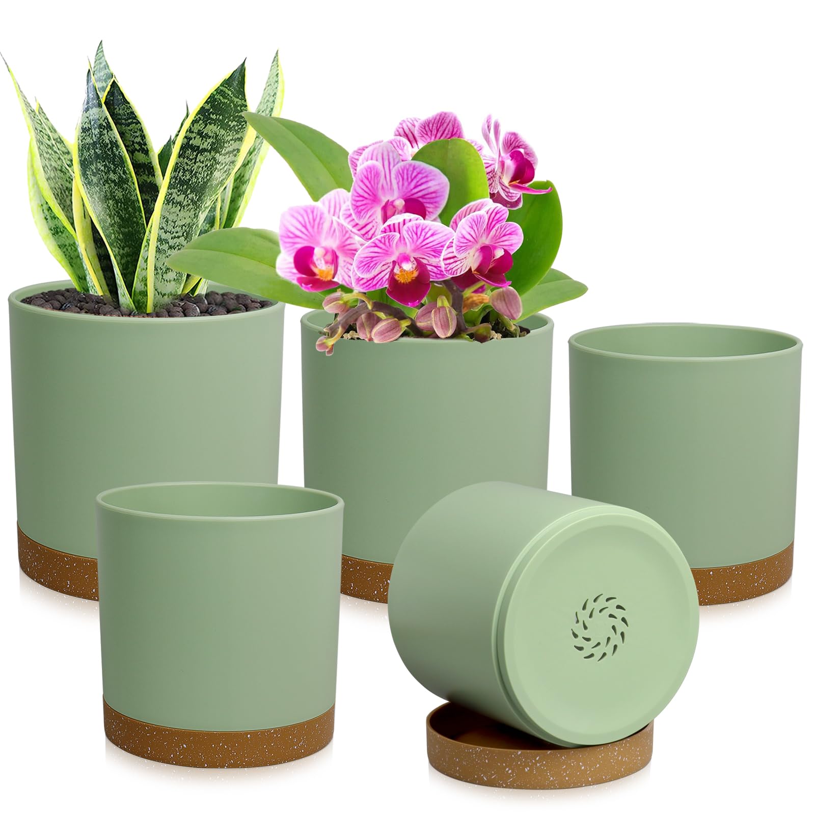 WSMKSZ 5 Pack Cylindrical Flower Pots with 7/6.5/6/5/4 inch, Modern Small Plastic Plant Pots with Drainage Holes & Saucers, Round Planter Pots for Outdoor, Indoor & Office Decor (Green Brown)