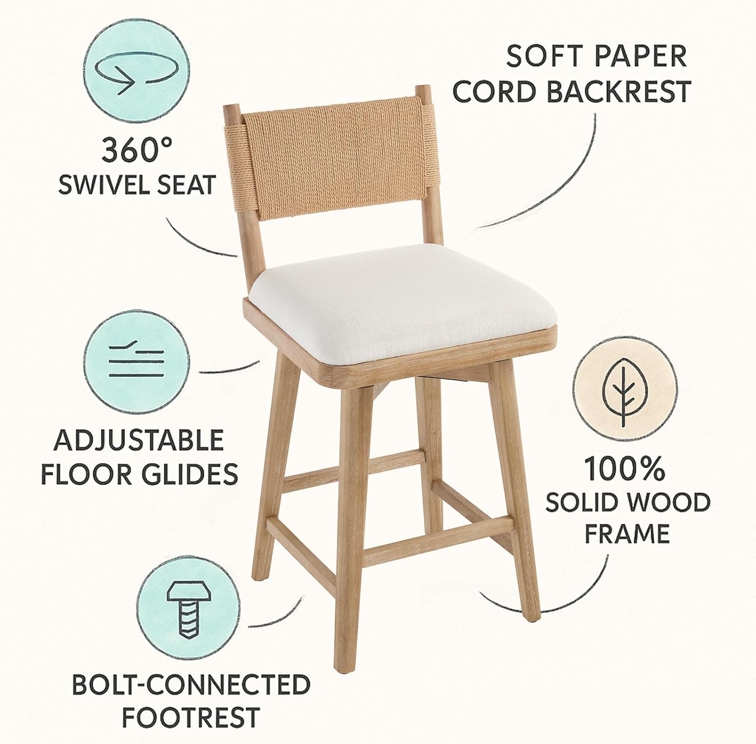 Kmax Kitchen Island bar stools Set of 2, Swivel Counter Height bar stools, Farmhouse Wooden upholstered bar Chairs 26 inch Kitchen stools with Woven Back- Fabric, Natural Back