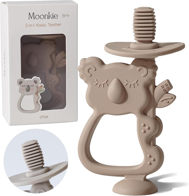 Mordedor para bebé Koala y cepillo de dientes de silicona de 360°, juguete para la dentición, 3M+ | Base de succión, mordedor 2 en 1 y cepillo de dientes de 360°, Koala de fácil agarre, protector de mordaza, silicona de grado alimenticio, apto para lavavajillas