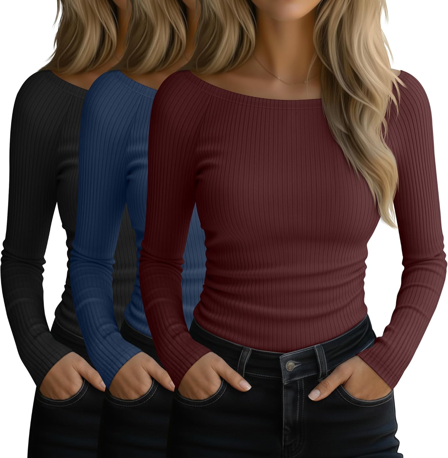 3 Pack Women's Long Sleeve Tops Ribbed Cotton Boat Neck Fitted T Shirts Basic Casual Ruched Tees
