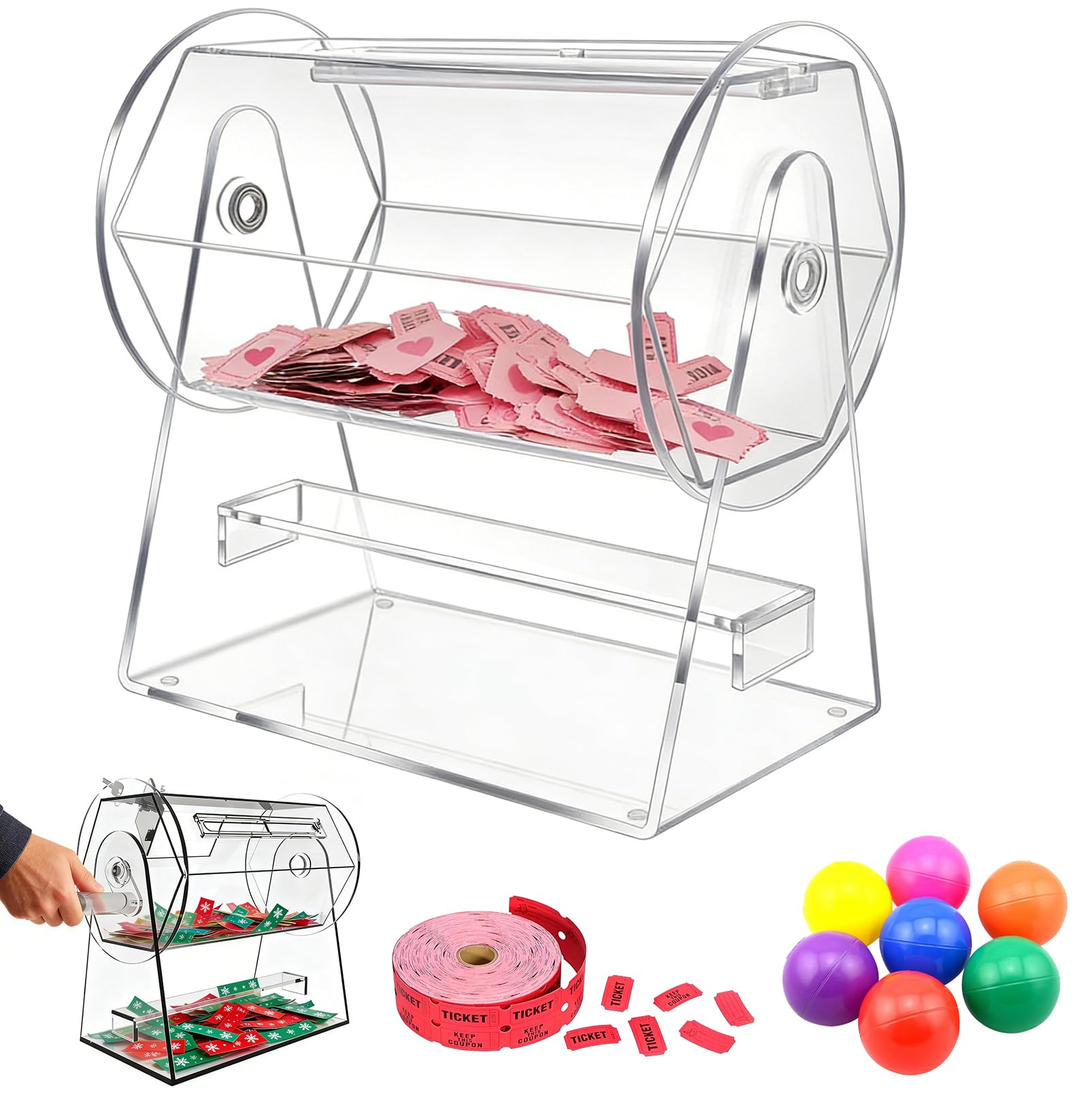 Lostrommel mit Griff Acryl Tombola, Spinner Käfig Transparent Tombola Ticket Box, Tombola Trommel mit 2 Schlüsseln, Tombola Drum für 2000 Tickets, Los-Drehkäfig für Lotteriespiele Bingo Tombola