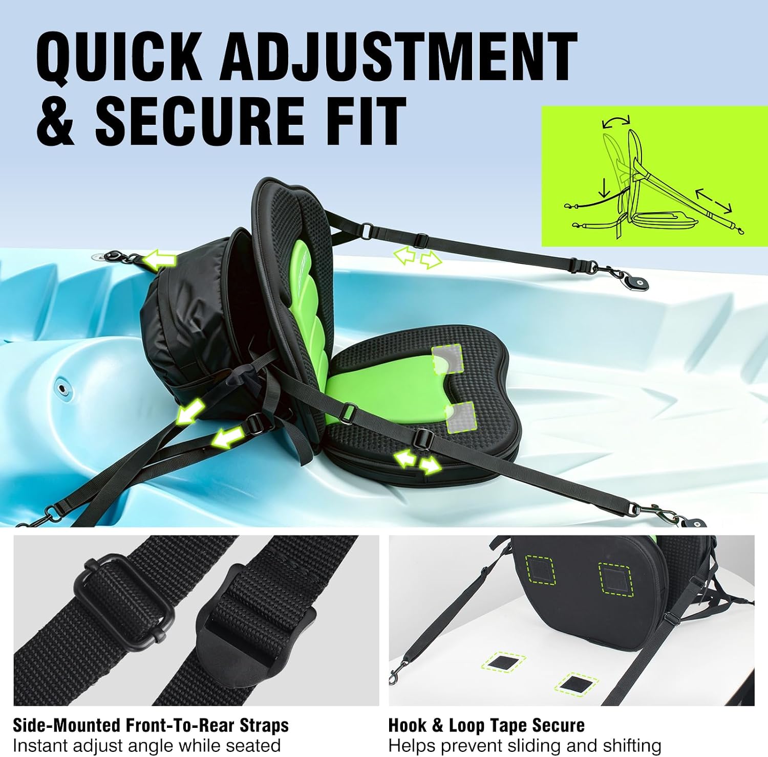 Universal Kayak Seat with 2.75" Extra Thick Cushion, Ergonomic Back Support | 264lbs capacity, upgrade, kayak replacement seat, storage bag, heavy-duty, comfortable, sit-on-top kayak, canoe, SUP, gift