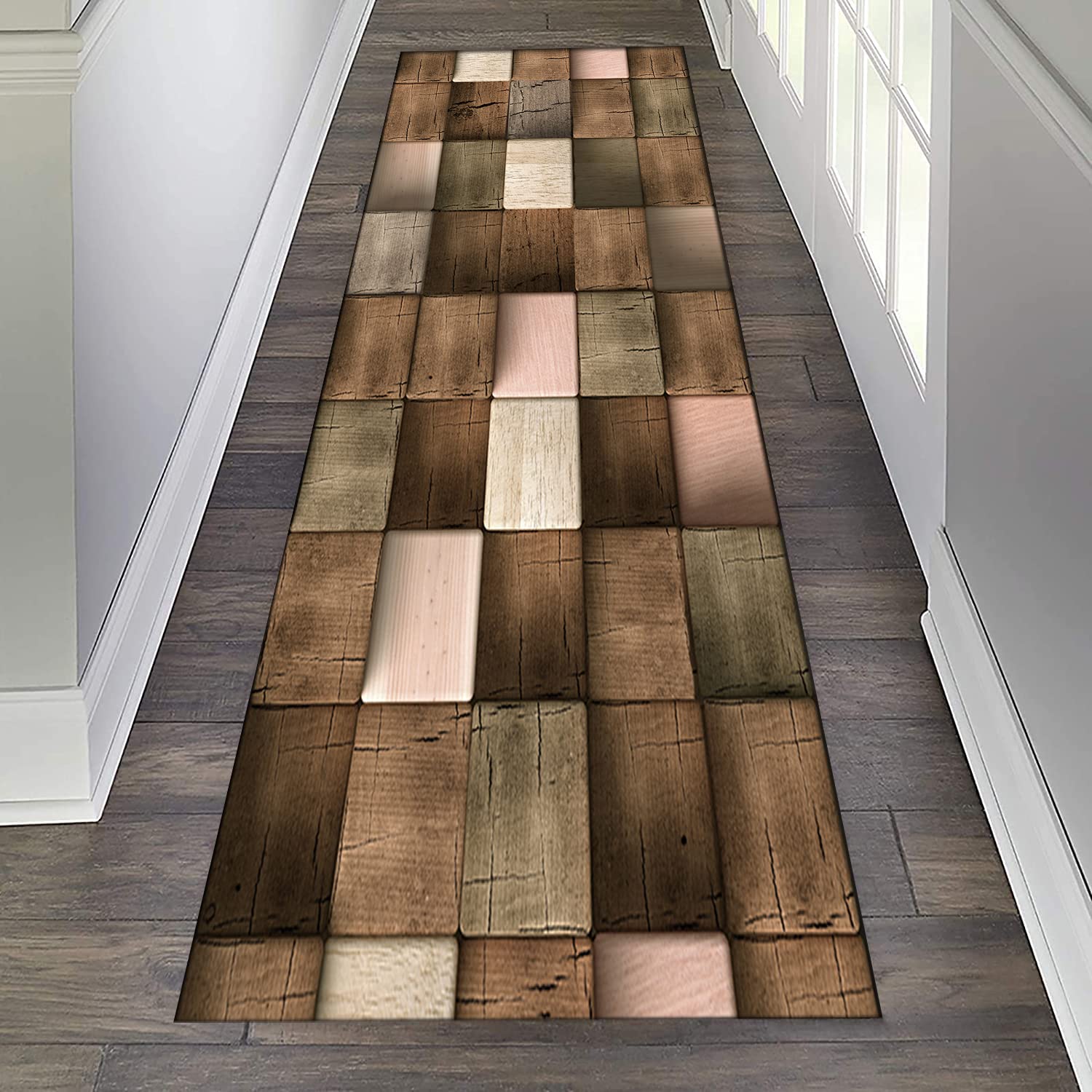 Tapis de couloir pour couloir et cuisine - Vintage - Motif géométrique traditionnel - Imitation planche de bois - Antidérapant et lavable