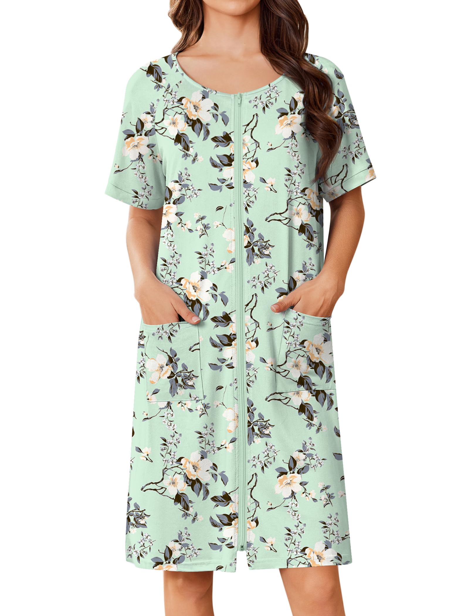 Ekouaer Women Zip Up Robe Short Bathrobe Lightweight House Coats Floral Print House Dress with Pockets Nightgown S-3XL