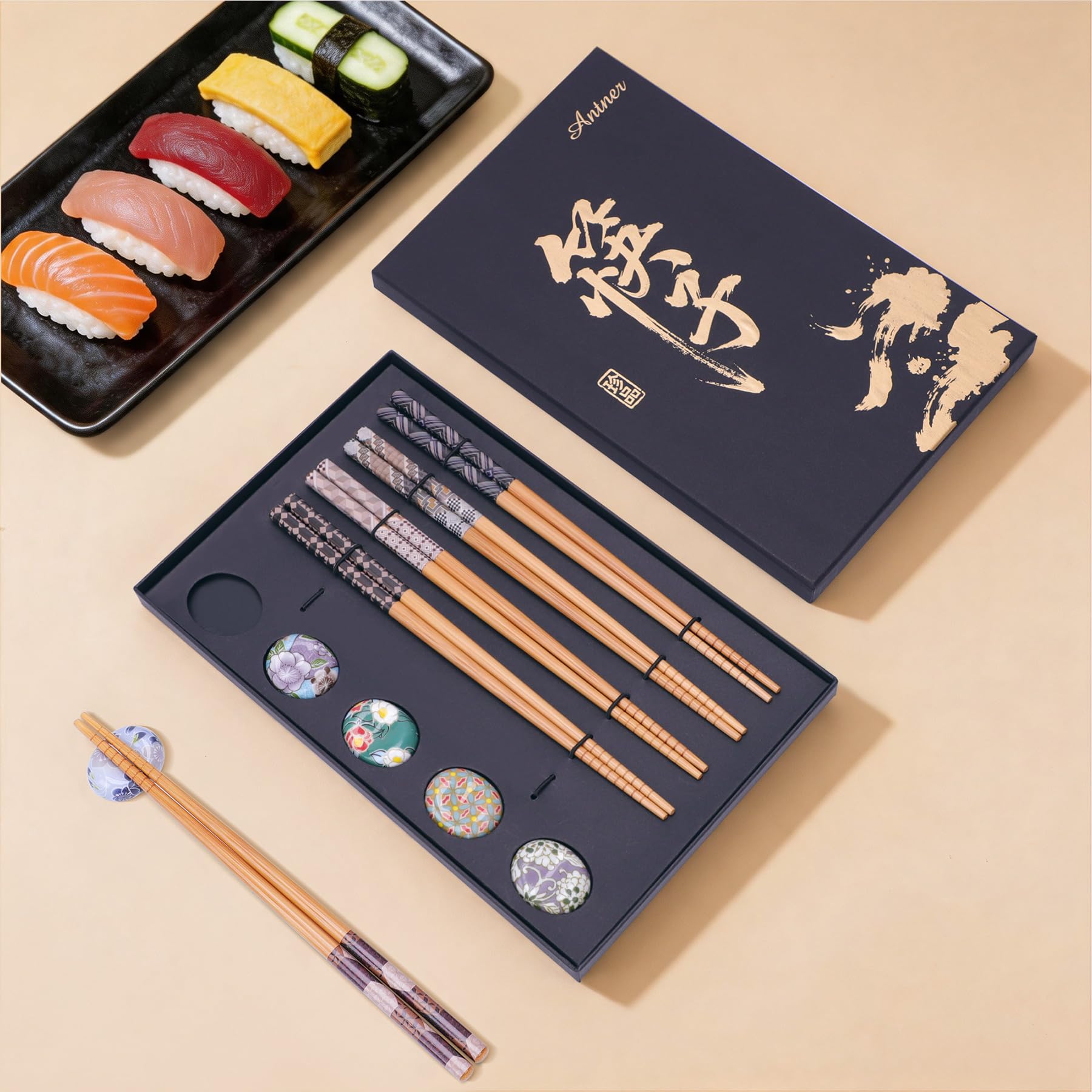 Antner 5 Pairs Reusable Bamboo Chopsticks with 5PCS Ceramic Choptick Rests — Amazon image 5