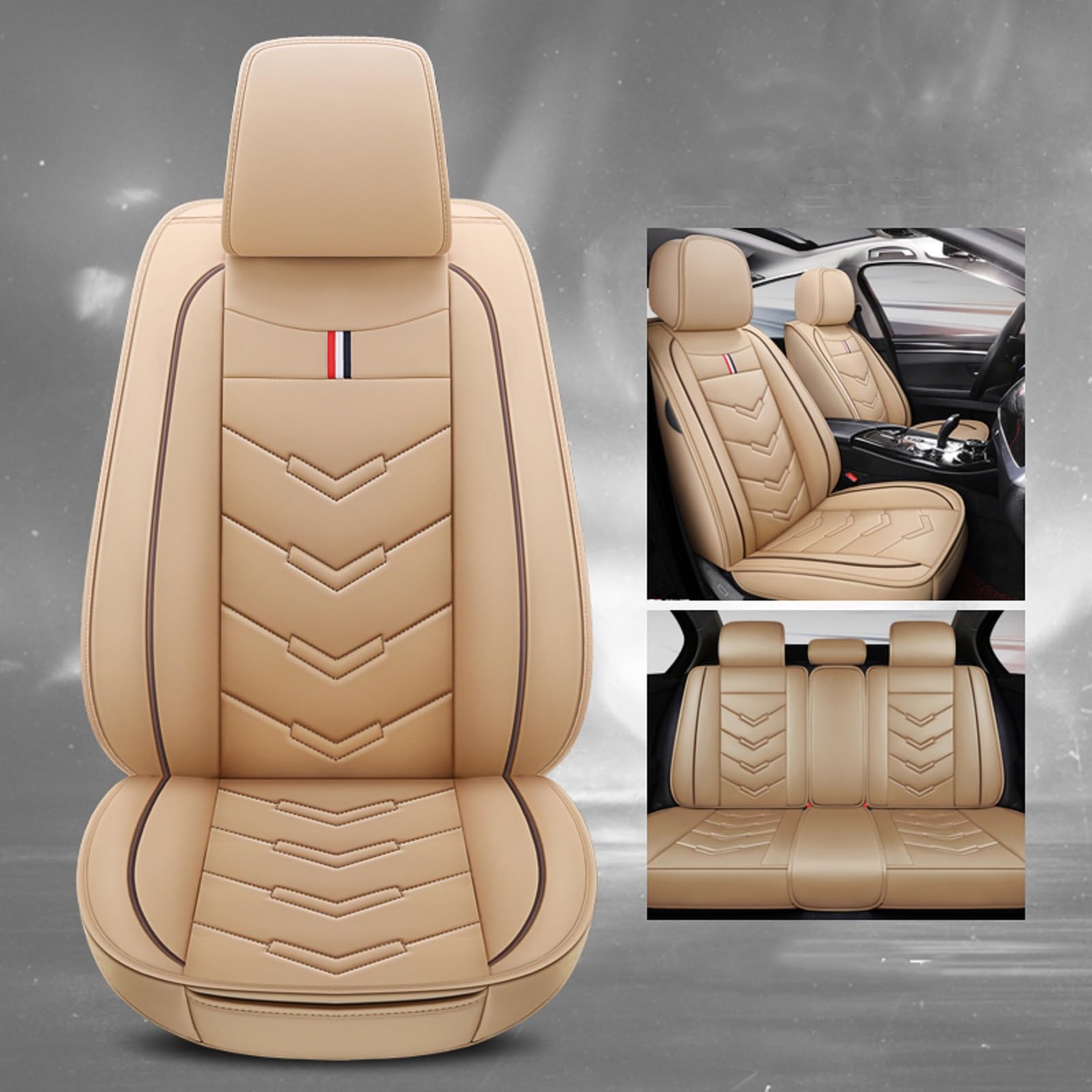 Fundas Asiento Coche Universales para Renault Megane II Coupe-cabriolet(2003-2009), Impermeable，Cuero Antideslizante Transpirable, 5 Plazas,Resistente，Fácil De Instalar(Beige)