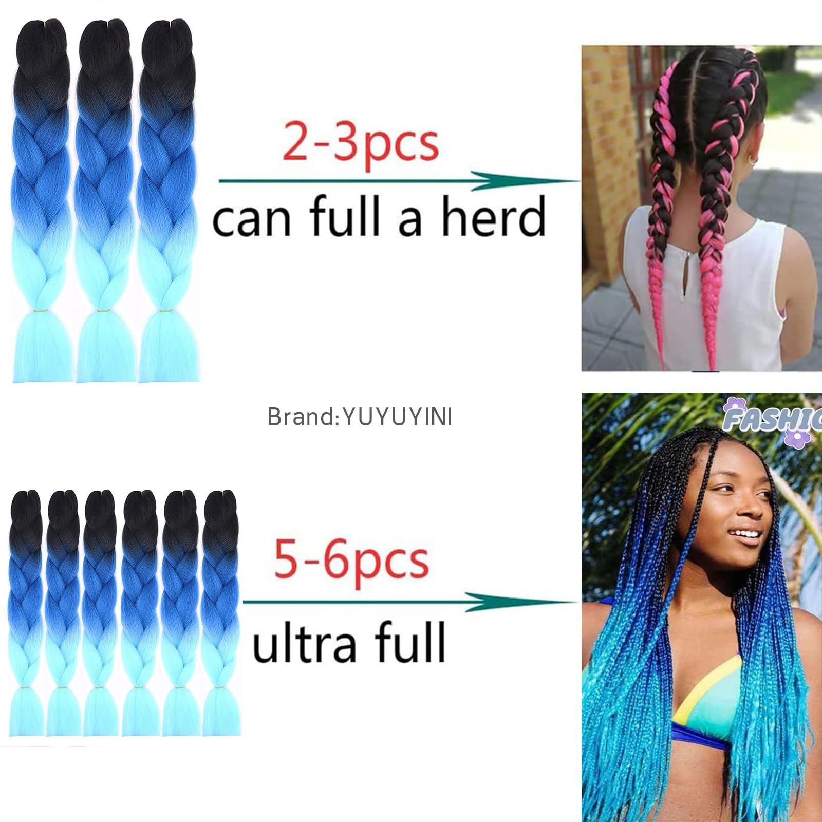 Confezione da 3 extension di capelli sintetici da 24 pollici colore blu sfumato 3 tonalità stile afro trecce da donna colore blu sfumato (C9)