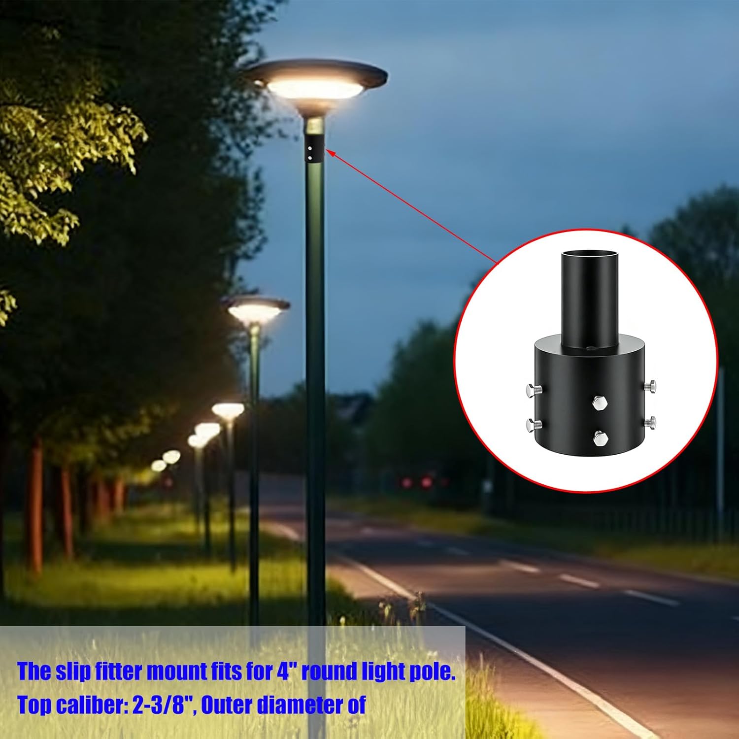 2 pcs 4 inch Round Rod Tenon adapters, Heavy-Duty Steel, 2 3/8 inch Round Tenon Adapter, Sliding Installation, Suitable for LED Parking lot Lights, Street Lights, Outdoor Lighting