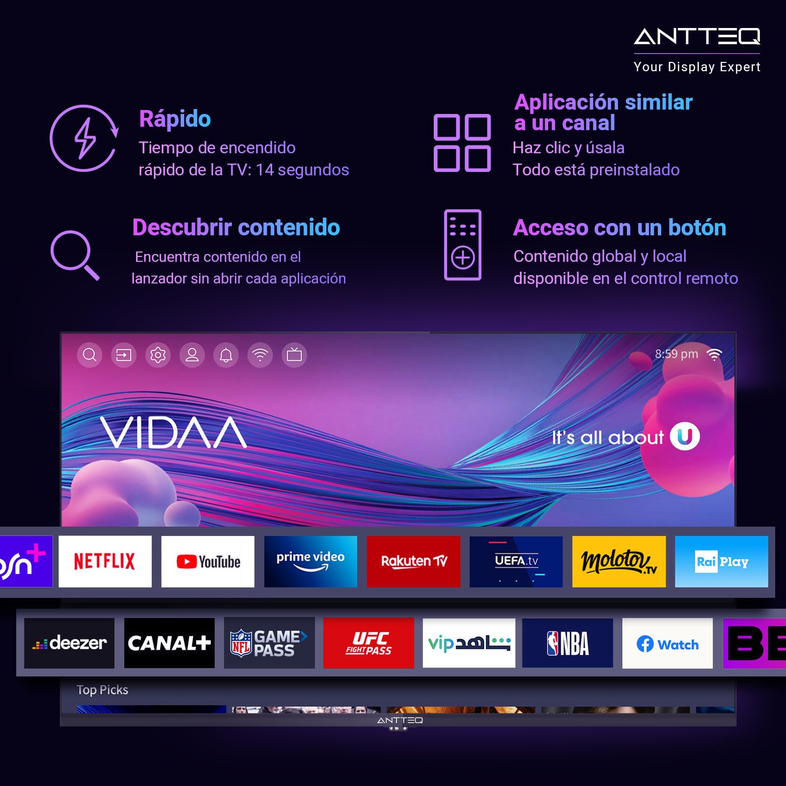 Antteq Vita Smart TV 32 Pulgadas,(Televisores 81cm) 2K D-LED,App Store,Share to TV,Netflix/Youtube/Pluto TV,WiFi,Modelo 2024