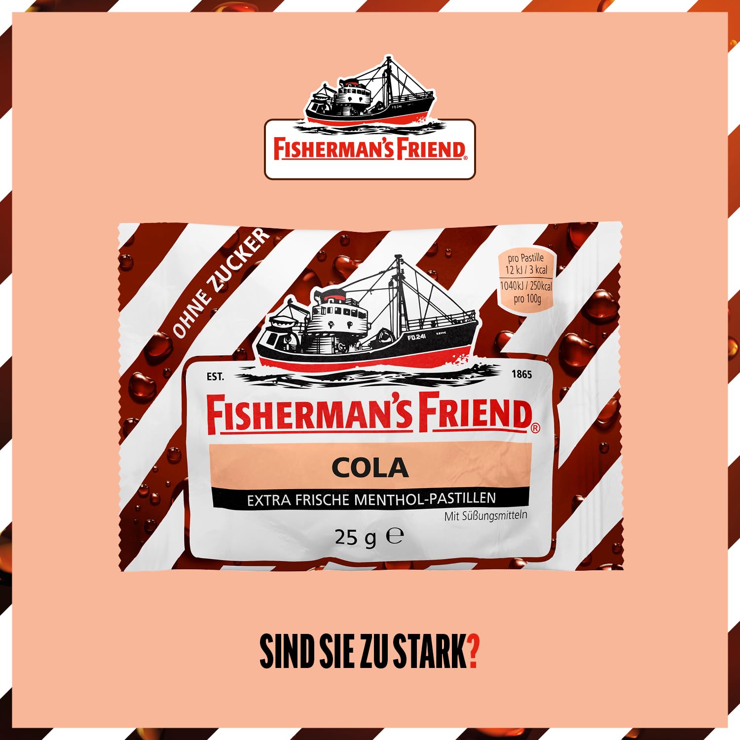 Fisherman's Friend Cola, 24er Vorratsbox, Exklusive Sorte mit Menthol Geschmack, zuckerfrei und vegan, Cola-Bonbons für frischen Atem, 24 x 25g