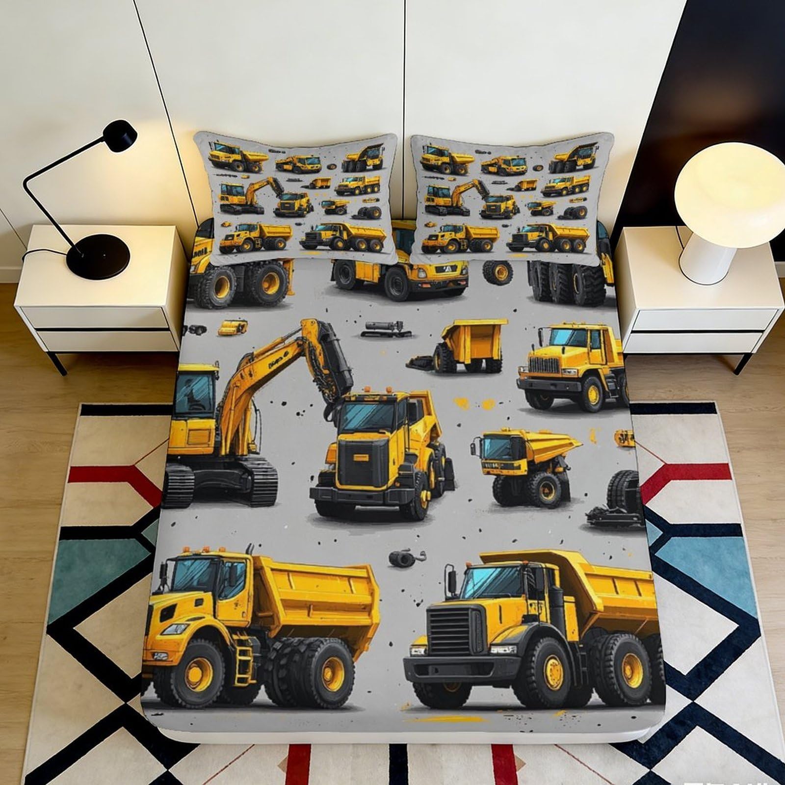 3D Printed Construction Truck Fitted Sheet Microfiber Yellow Digger Bed Cover for Bedroom Dorm Mattress Decor, Easy Care 160x200x25cm