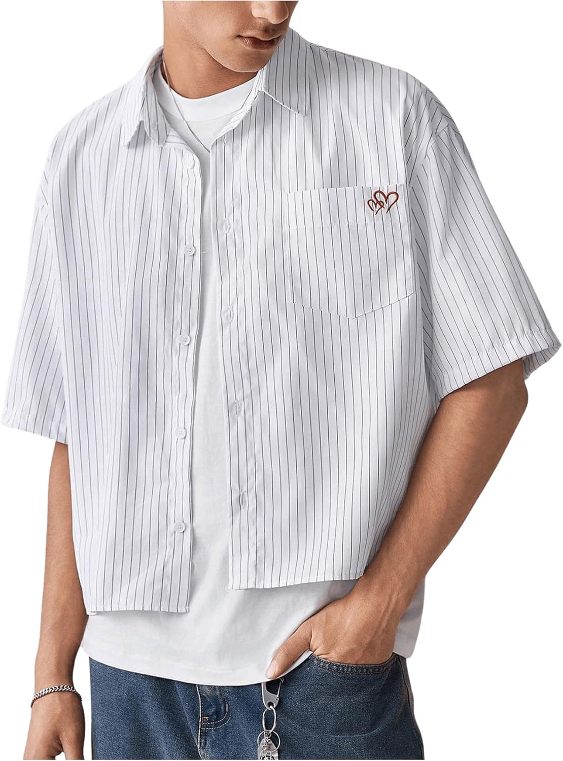 SweatyRocks Men's Striped Button Down Shirt Short Sleeve Collared Loose Fit Crop Shirt with Pocket