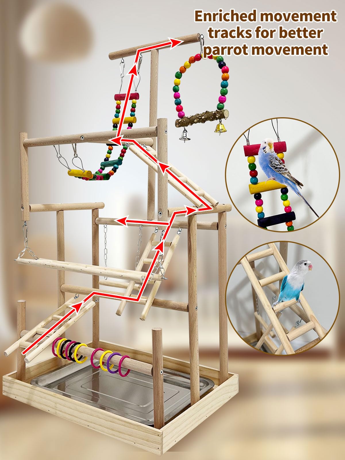 5 Layers Large Bird Playstand with Wheel, Natural Wood Parrot Playground, Parakeet Perch Stand Small Bird Playgym with Ladder Toy Accessories for Cockatiel Cockatoo Finch Budgie Lovebird - image 5