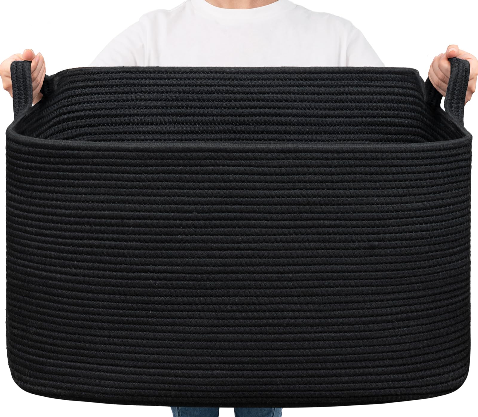 TIMEYARD 85 L Extra Large Storage Basket, Rectangle Cotton Rope Basket for Blankets, Pillows, Toys, Woven Dirty Clothes Baskets for Laundry, 60x40x35cm, Black — image 1