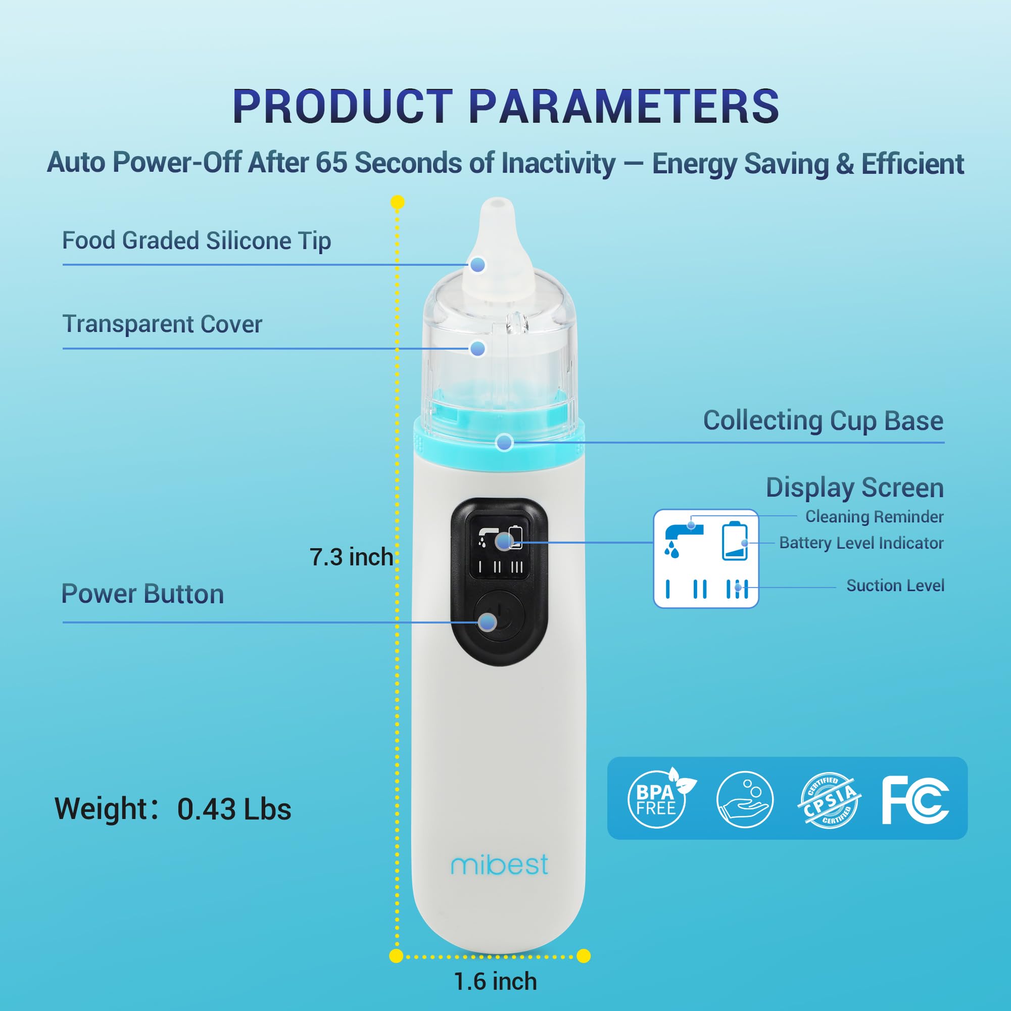 Mibest Aspiradores nasales para bebés, limpiador eléctrico de nariz con 3 niveles de succión, 4 puntas de silicona, recargable por USB, ventosa silenciosa y segura para recién nacidos, bebés y niños