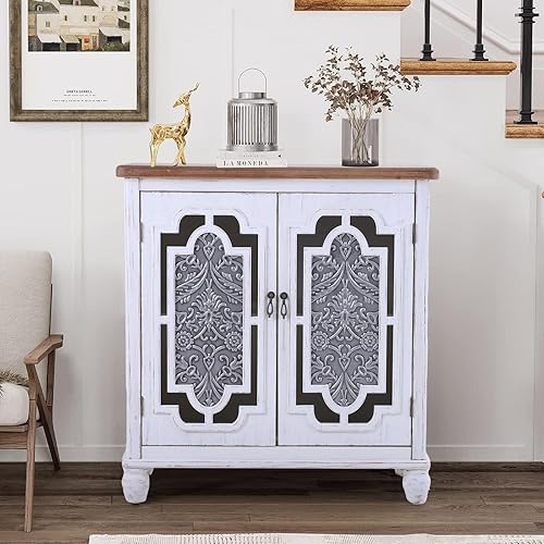 Miniatura 21 de MFSTUDIO Gabinete de Almacenamiento Decorativo con 2 Puertas, Gabinete de Almacenamiento Desgastado Aparador Buffet Gabinete de Exhibición con Negro