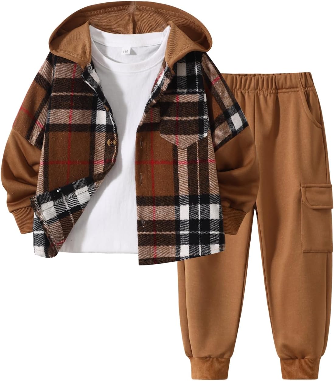 2Pcs Kids Boys Flannel Plaid Shirt Tops Pants Set Hoodie Sweatsuit for Fall Winter Spring Outfits 4-12 Years