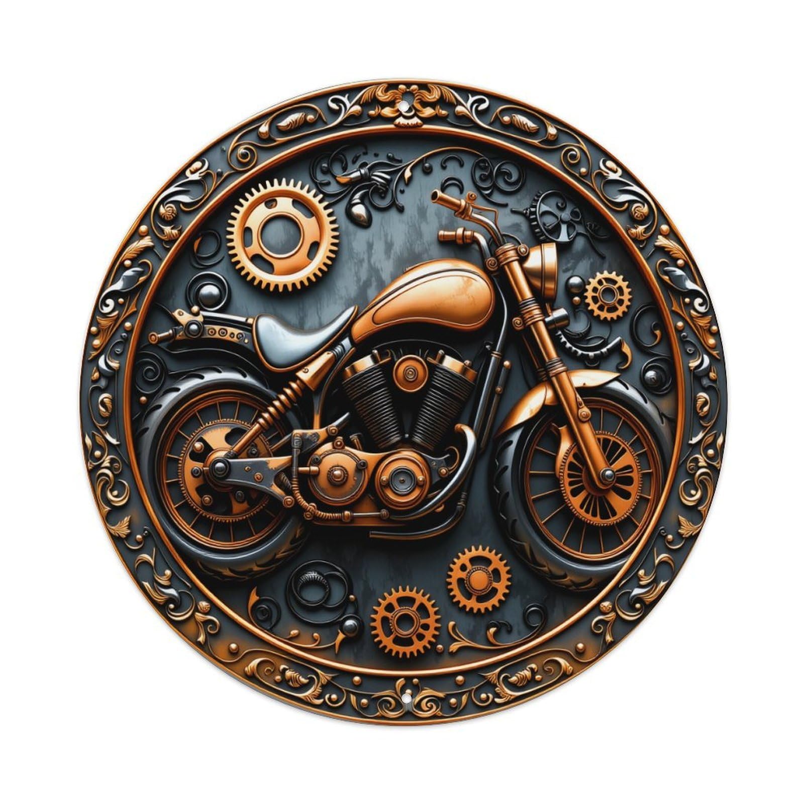 Steampunk Motorcycle Gear Artwork Design Round Tin Sign Retro Metal Sign for Cafe Bar Pub Home Game Room Gym Club Wall Decoration Vintage Metal Poster 8x8 Inch