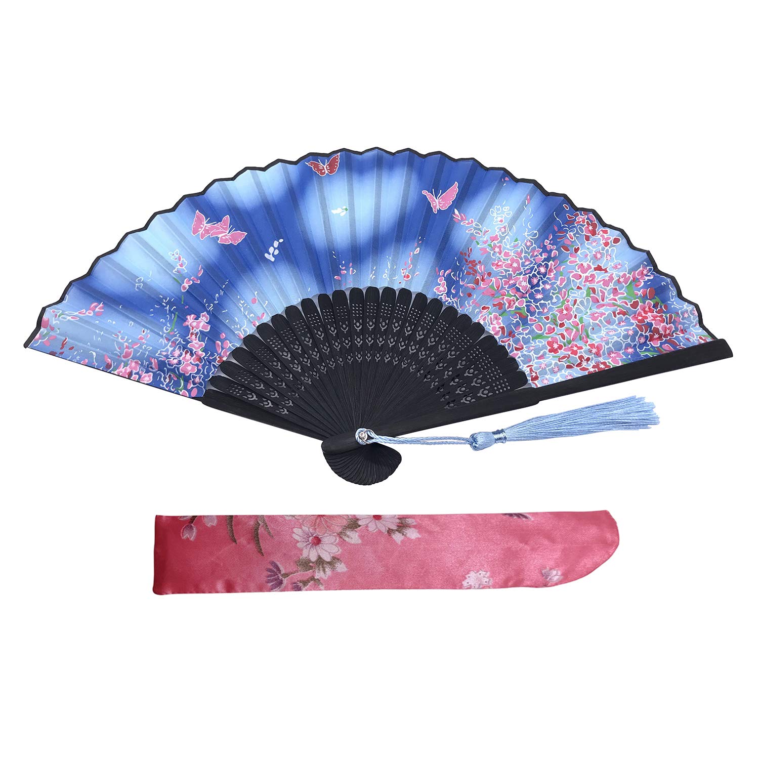 Kibon Blue Folding Fans, Handheld Fans, Hand Fans, Bamboo Fans With Tassel For Birthday Gifts Dancing Cosplay Wedding Party Props Decoration (Blue)