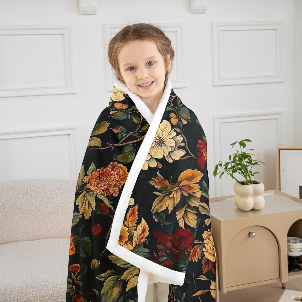 jejeloiu Vintage Floral Fleece Throw Blanket Throw 50"x60" Flower Sherpa Blanket Plush Fuzzy for Kids Retro Spring Theme Decor