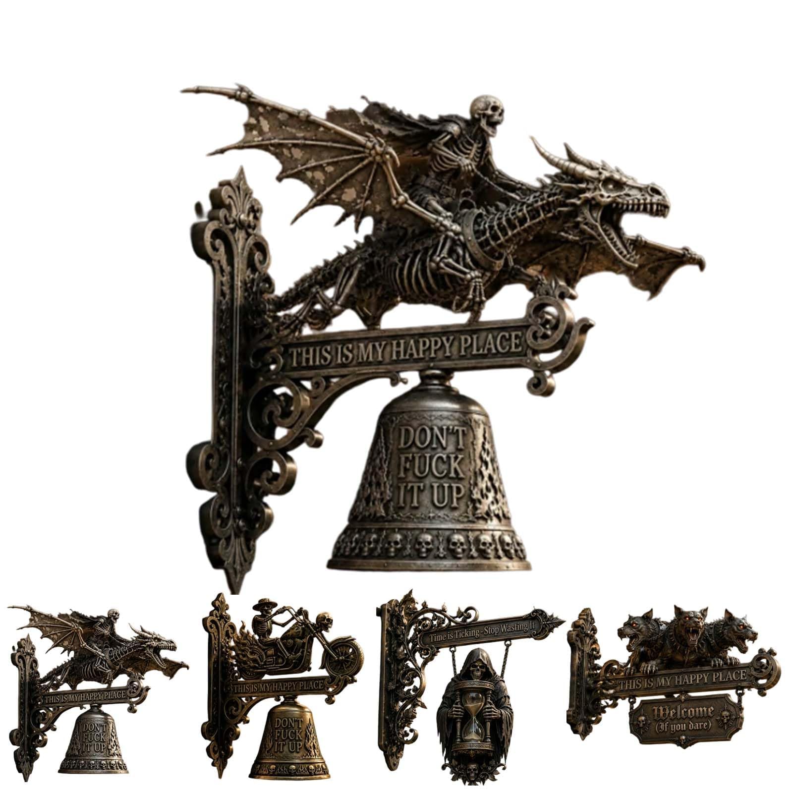 Skull Dragon Rider Bell Wall Decor, Gothic Skeleton Dragon Rider Bell Sign with”This is My Happy Place” Message, Medieval Fantasy Hanging Bell for Front Door, Bar, Man Cave Gaming，A