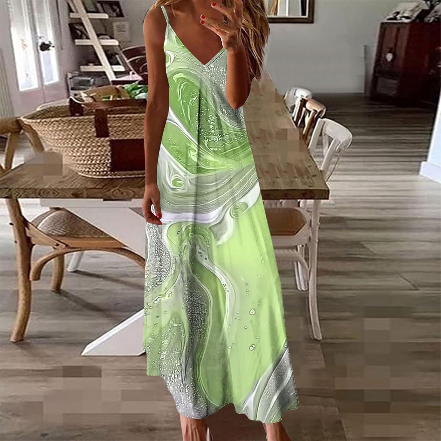 Womens Summer Dresses Casual Loose Fit Halter Neck Long Sundress Sleeveless Marble Print Vacation Beach Maxi Dress