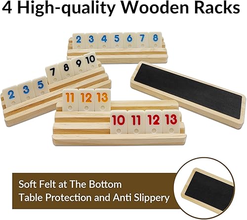 Miniatura 5 de uvcany Juego de cubos de viaje con 4 estantes de madera, 106 fichas de juego de cubo Rummy con estuche portátil para juegos de mesa clásicos