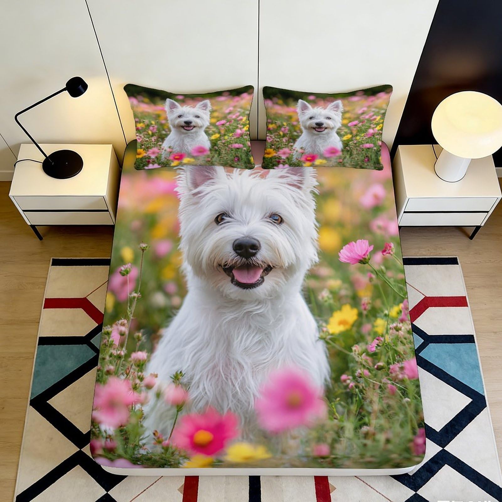 3D Printed White Dog Floral Fitted Sheet Microfiber Soft Breathable Meadow Mattress Cover Bedroom Decor 90x200x25cm