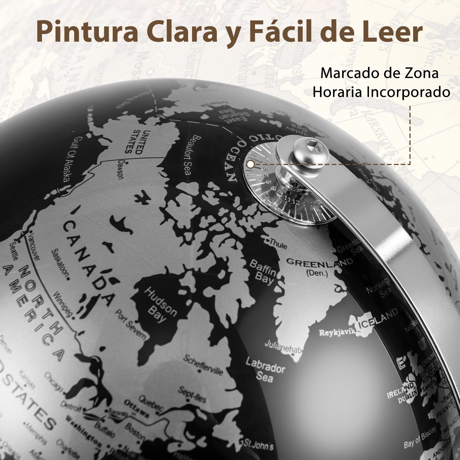 GOPLUS Globo Terráqueo Moderno Negro con Detalles Dorados/Plateados, Soporte Metálico, Base Antideslizante, Zona Horaria, Globo Terráqueo Decorativo de Mesa para el Hogar, la Oficina (Plata)