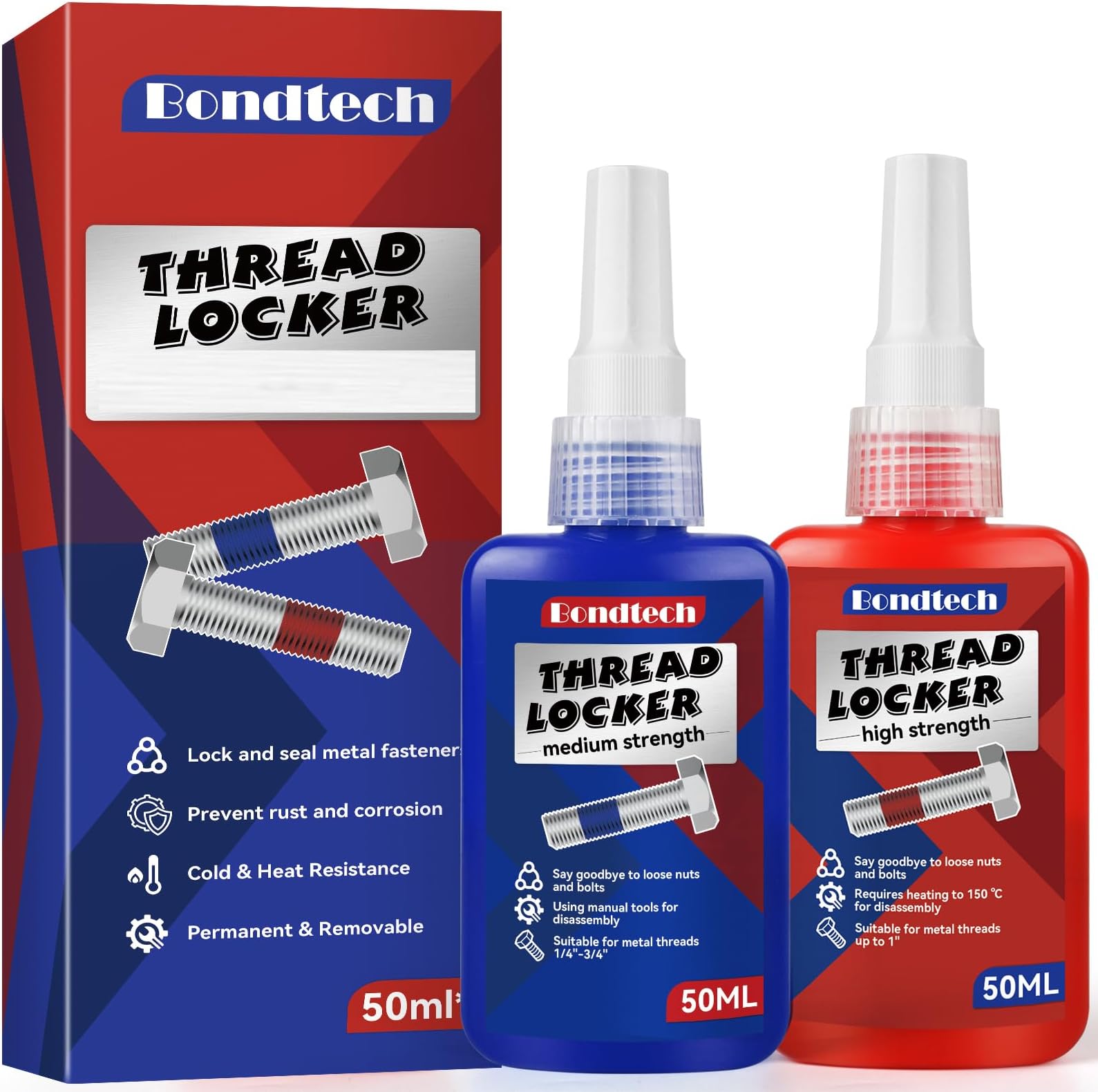 Thread Lock Blue and Red, Threadlocker Medium and High Strength, Thread Locker for Nuts, Bolts, Fasteners and Metals, Against Losening and Leakage (Medium-High-100ml)