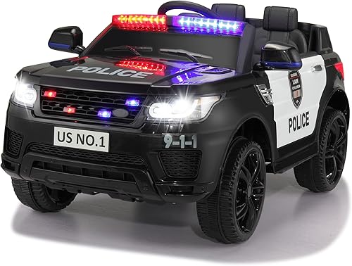 TOBBI Coche de policía de 12 V, juguete eléctrico para niños con control remoto parental, sirena, luces intermitentes, bocina de música, cabina