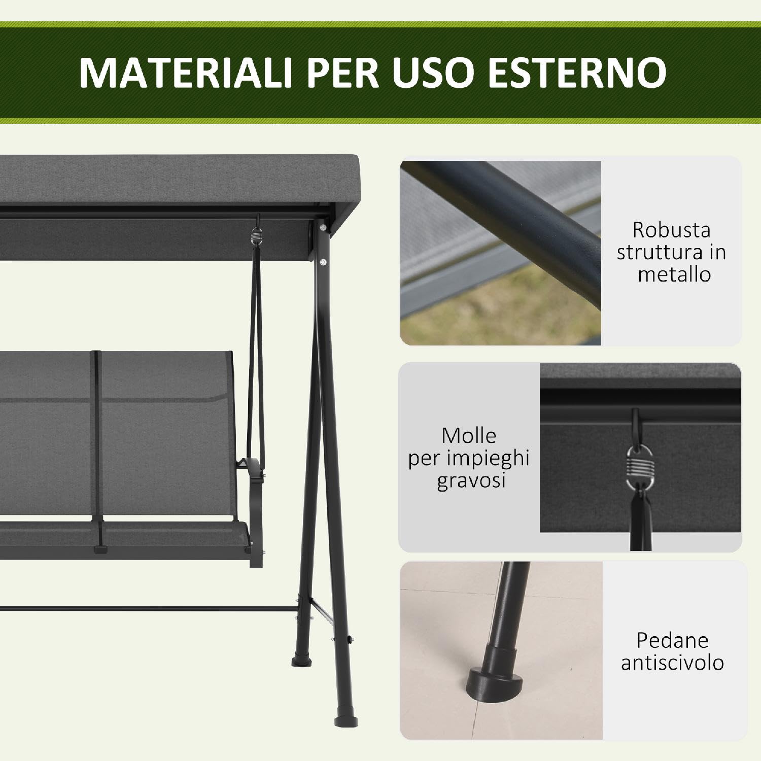 Dondolo da Giardino 3 Posti con Tettuccio Parasole in Metallo/Poliestere Dimensioni 195x118x170 cm Colore Grigio Scuro
