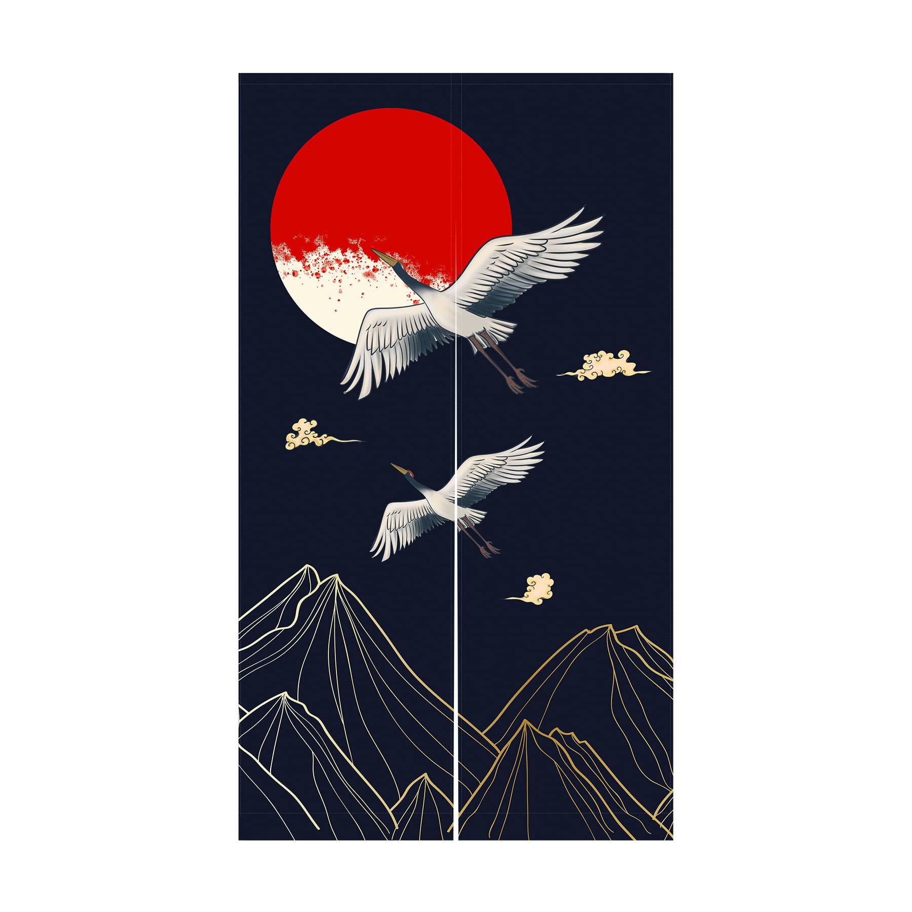 LIGICKY Noren Doorway Curtain Japanese Style Cranes Gold Mountain Red Full Moon Printed Cotton Linen Window Treatment Door Tapestry for Home Decoration 33.5" Width x 59" Long, Black